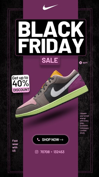 sneakers, athletic shoes, casual shoes, running shoes, sports shoes, sale promotion, limited time deal, modern typography, bold, energetic, purple, black, black friday